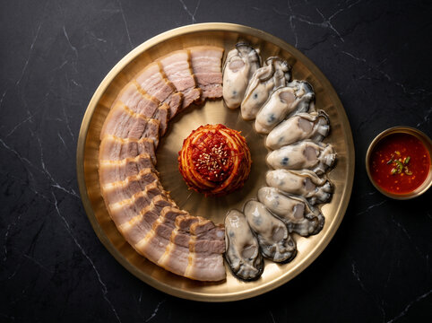 Gul bossam platter with sliced boiled pork belly fresh raw oysters and roll kimchi on brass plate