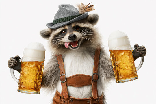 Raccoon in feathered hat and lederhosen suspenders holding two beer mugs, Oktoberfest costume portrait