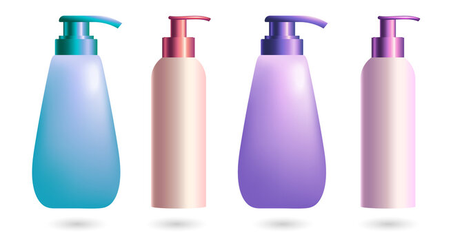 Four colorful cosmetic bottles on transparent background