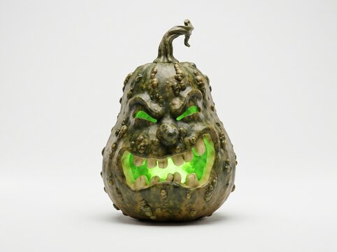 A spooky green carved pumpkin jack o lantern with glowing eyes and mouth for a fun halloween holiday party