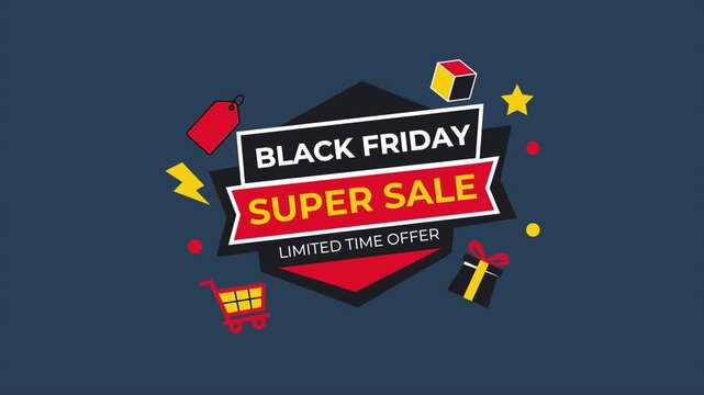 Animated Black Friday Super Sale Promotional Graphic with Shopping Icons and Special Offer Text Design