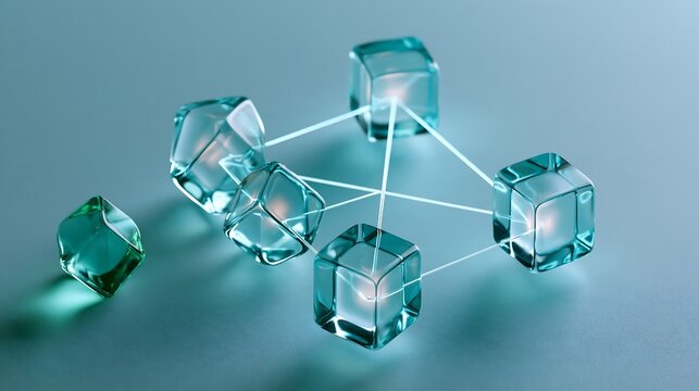 Blockchain technology concept with glass cubes, digital network connection, decentralized data blocks on blue background