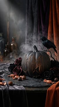 Mystical dark holiday: Halloween pumpkin, black raven, gothic rose, sweet candy, smoky atmosphere, velvet drapery, warm light, spooky table, glass bottle, dry branch.