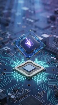 Processor core hovering over motherboard circuit board with glowing el