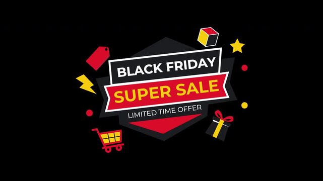 Animated Black Friday Super Sale Badge Design With Shopping Cart Icons On A Transparent Background