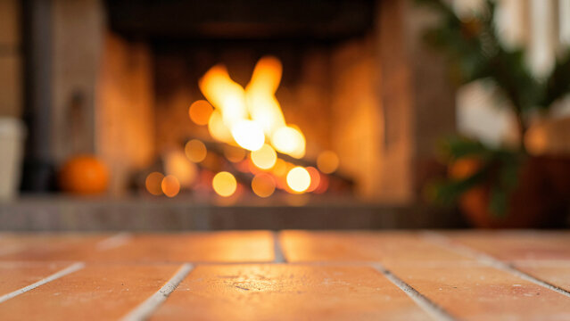 Golden hour hearth creates a warm terracotta tiled surface complete for fireplace staging