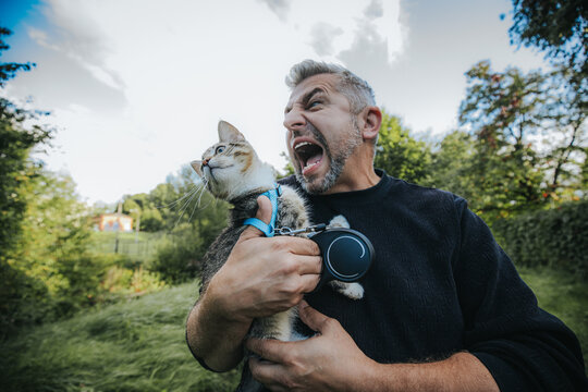 Middle-aged man with gray hair holds a cat while yelling outdoors in a green field, trees and a colorful house visible in the background