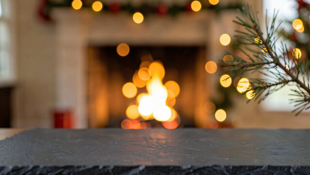 Single dark slate slab completely empty in the center with fireplace bokeh lights