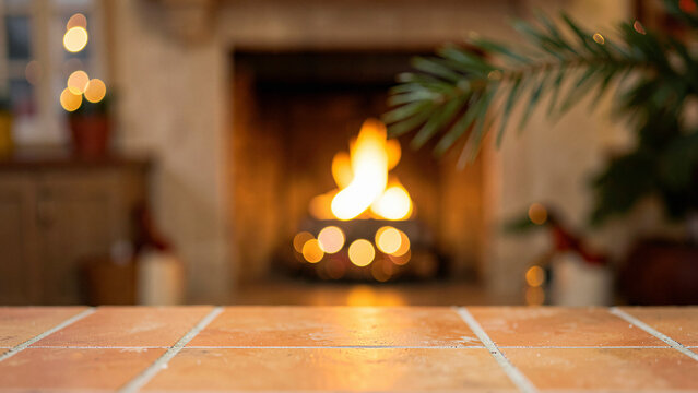 Rustic hearth glowing on a warm terracotta tiled surface complete for holiday displays