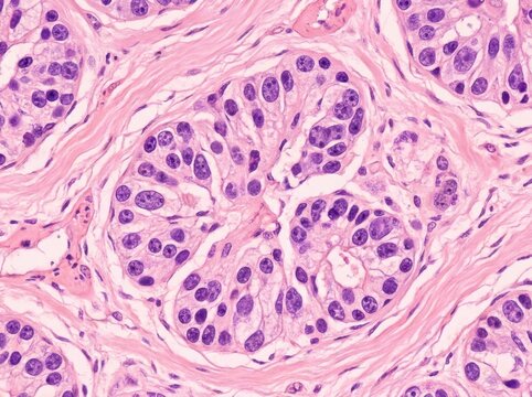 Microscopic view of human breast glandular tissue showing lobules with epithelial cells during histological examination with pink stroma