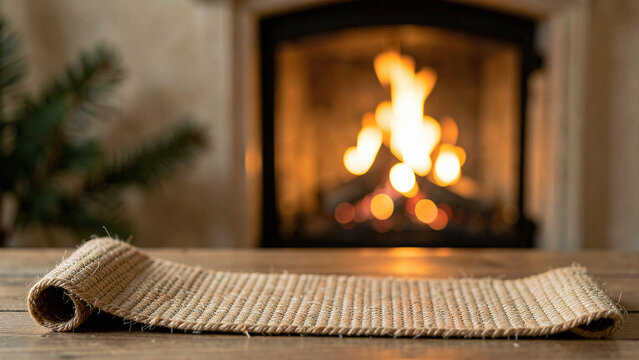Hemp textile with empty a woven jute runner over wood as a rustic fireplace display