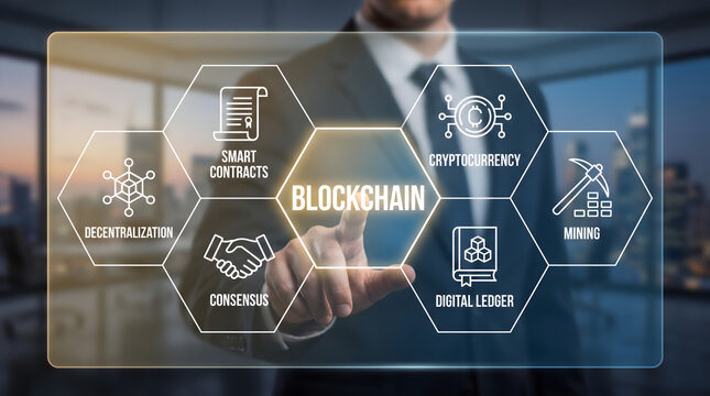 Businessman interacting with a futuristic blockchain technology interface displaying cryptographic icons in an office setting.
