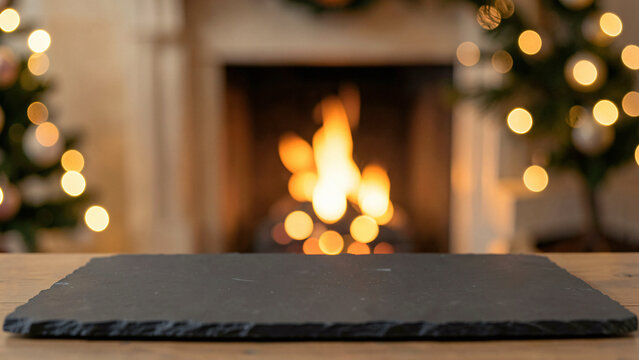 Solid dark slate slab completely empty in front of glowing hearth flames