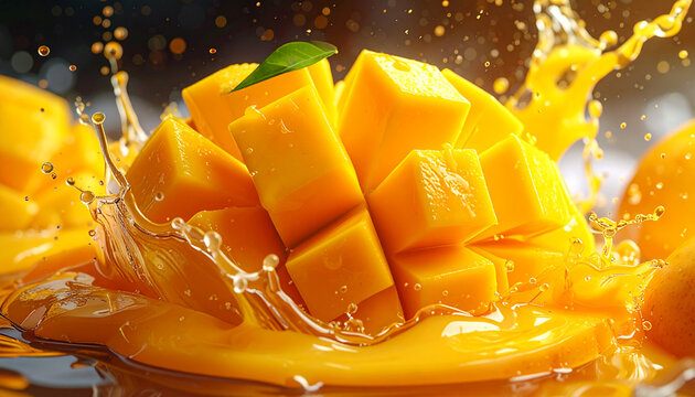 Juicy Mango Cubes Splash in Fresh Mango Juice