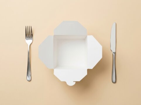 Open white takeout box with fork and knife on beige background flat lay concept for meal preparation