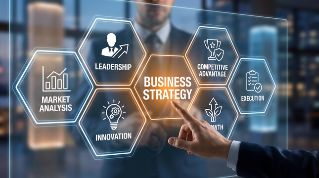 Businessman points at a digital business strategy chart featuring key pillars of corporate planning.