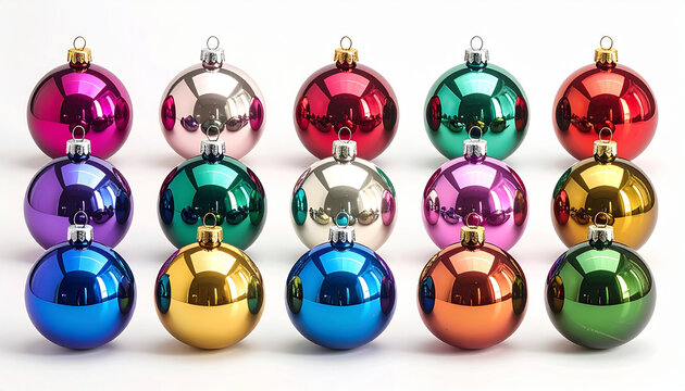 Assortment of Colorful Christmas Ornaments on White Background