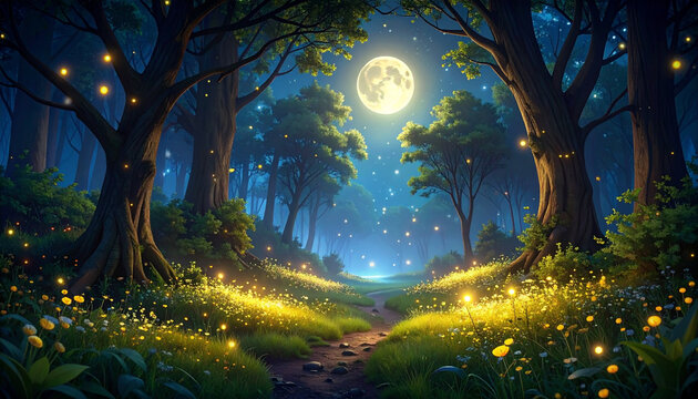 Enchanted forest path with glowing fireflies at night