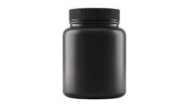 Black matte plastic medicine bottle with screw cap, 3d render for supplement or pharmaceutical product packaging.