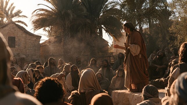 A person in traditional robes addressing a gathering of people in an ancient desert setting