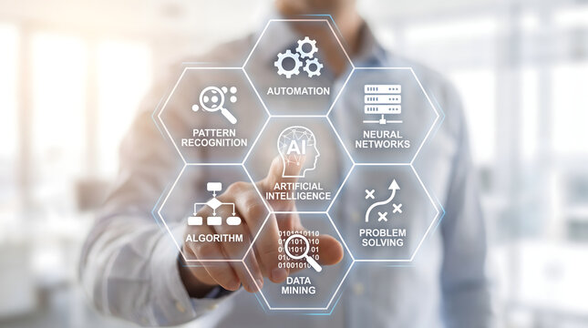 Professional executive touches a virtual screen displaying a hexagonal flowchart of machine learning concepts.