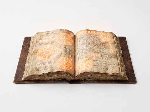 Open old book with worn yellow pages and dark leather cover resting flat on a plain surface for reading study