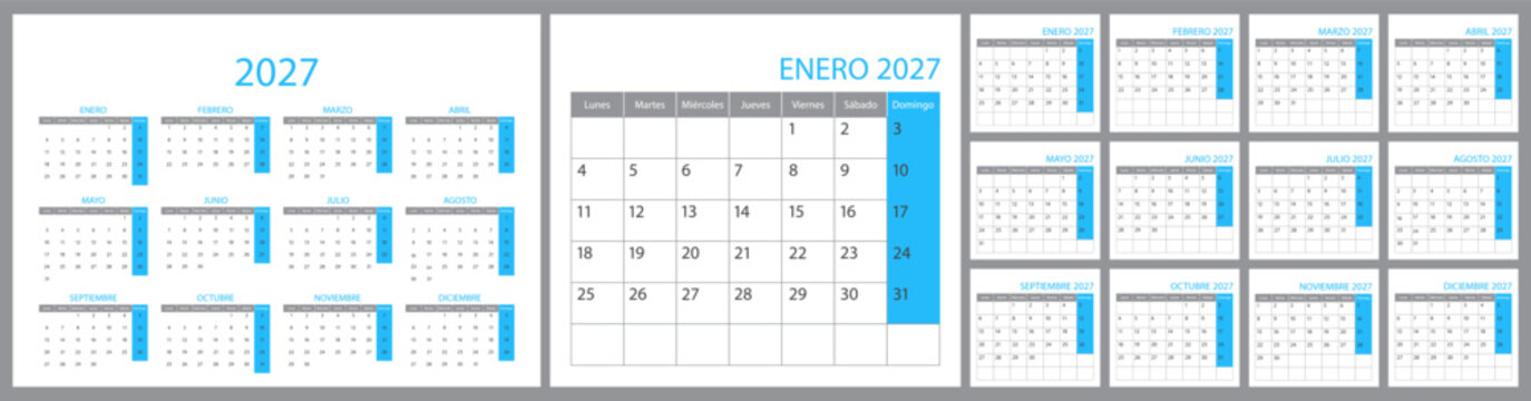 Spanish calendar and planner 2027 year, schedule month calender, organizer template background. Week starts on Monday. Business personal page for Spain. Modern simple dairy. Vector illustration