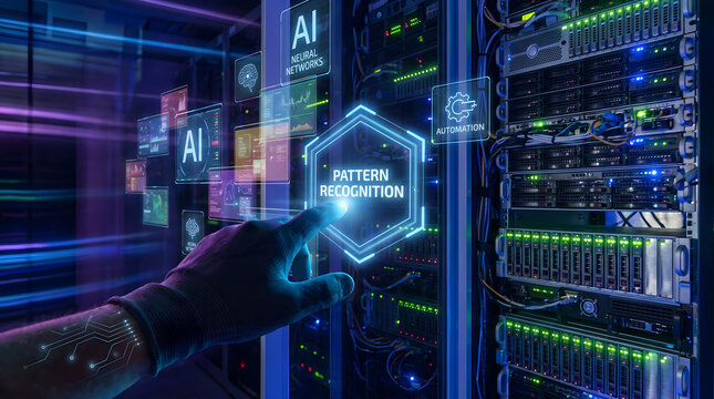 Hand touching holographic screen with pattern recognition text in a futuristic high tech server room