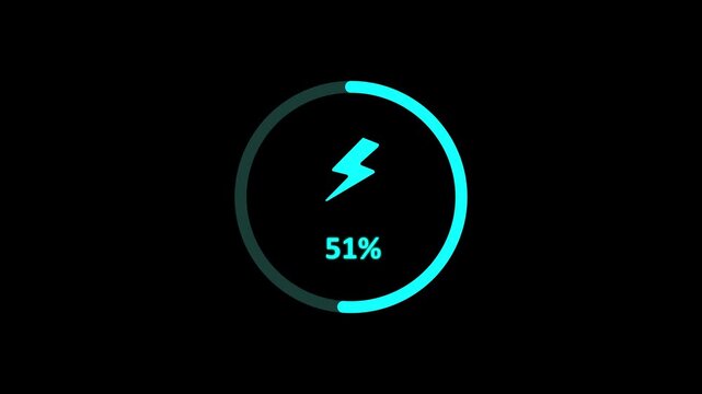 A circular loading bar with a red lightning bolt and the number 11% displayed in the center on a dark black background with red vertical lines. Animation of 4k video.