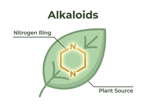 Alkaloid chemical diagram showcasing a nitrogen ring embedded within a green plant leaf to illustrate organic natural compounds.