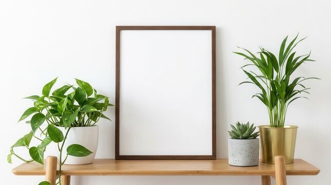 Scandinavian room interior with a mock up photo frame on a brown bamboo shelf and beautiful plants in design pots.