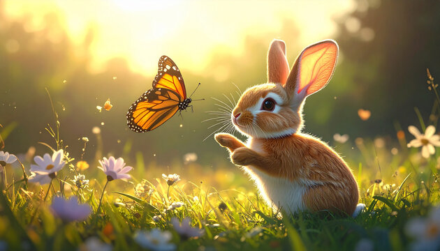 Adorable bunny watching a monarch butterfly in a meadow