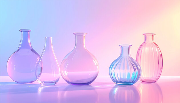 Assortment of five glass vases in vibrant gradient lighting
