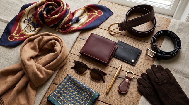Luxury Accessories Flat Lay: A curated collection of sophisticated men's accessories including silk scarf, leather belt, wallet, sunglasses, and gloves arranged elegantly on a rustic wooden surface.