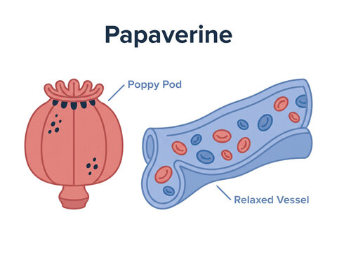 Papaverine diagram featuring a poppy pod and a relaxed blood vessel illustration to demonstrate medical and physiological chemical effects.