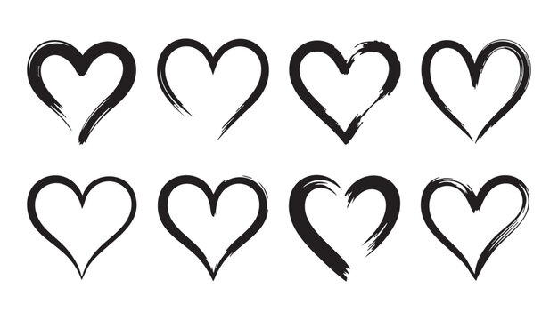 Various black ink brush heart shapes for artistic romantic graphic design projects and web headers.