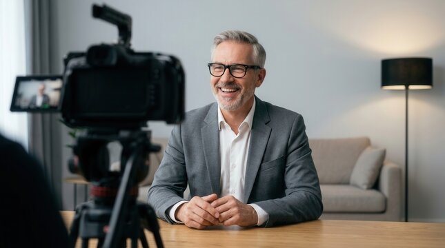 Friendly man being interviewed on camera in a professional setting