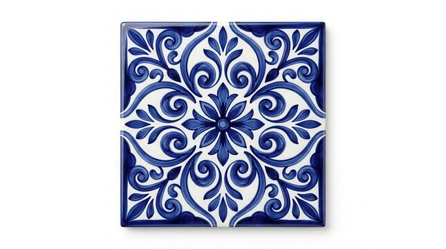 Navy blue floral ornament on ethnic folk ceramic tile in talavera style.