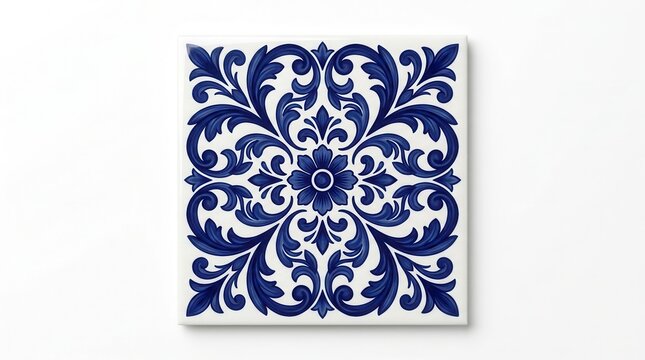 Talavera style ethnic folk ceramic tile with navy blue floral ornament