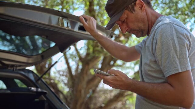 Man opening car trunk and using mobile phone on road trip stop. Concept of remote connectivity, travel navigation, outdoor digital lifestyle, wireless communication. 4K.