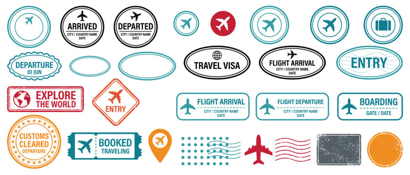 Travel visa vector stamp set with airport arrival departure icons, passport entry seals, flight boarding pass badges for tourism, luggage tag, world map and adventure logo design