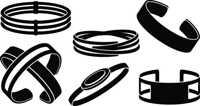 Black vector set of women jewelry bracelets featuring stacked rings crossover cuff multi strand and open band elements isolated on white background