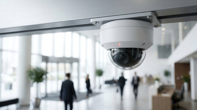 Modern white security camera mounted on a ceiling in a busy corporate office lobby.