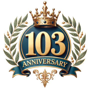 Elegant golden one hundred third anniversary emblem with crown and laurel wreath design