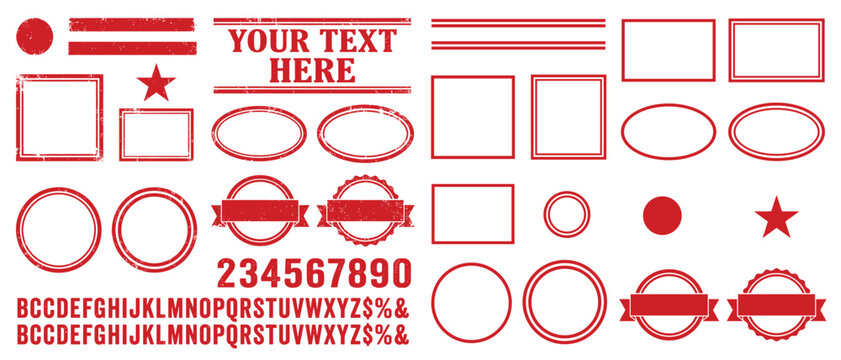Grunge stamp vector template set with blank circle square oval frames, distressed star ribbon badges and alphabet numbers for vintage postal, certificate and rubber seal design