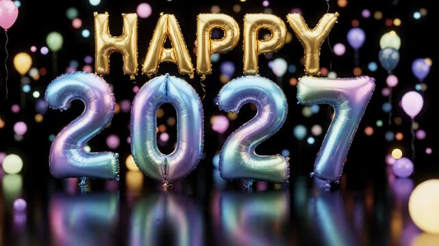 Happy 2027 new year celebration background, with gold and, iridescent foil balloons, and floating colorful, bokeh lights