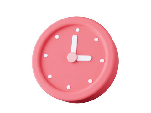 Pink round clock with white hands indicating three o'clock isolated on transparent background for time management.