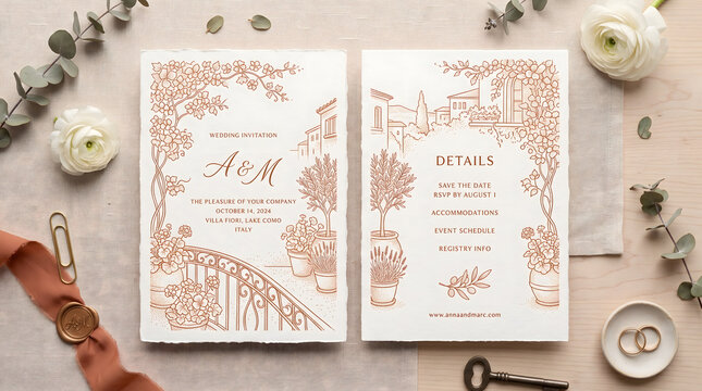 Mediterranean wedding invitation mockup set. Blank greeting card templates with terracotta line art of Italian villa, bougainvillea, and copy space. Digital illustration flat lay with props.