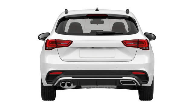 Clean white hatchback car seen from back on transparent background.
