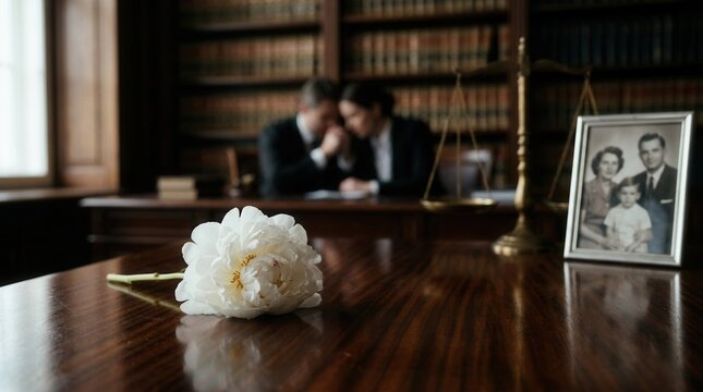 White flower on a wooden table with blurred scales of justice and a family photo representing wrongful death.